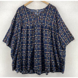 VIRABEL Blouse 3X Plus Peasant Top Check Shirred Split Neck Short Sleeve Blue